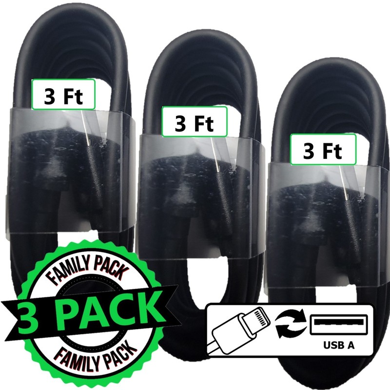 Paquete de 3 Cables USB de Carga Rápida para Auto Negro para iPhone 11 12 13 14