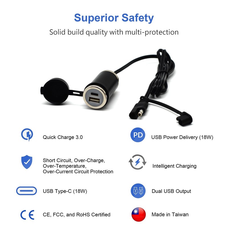 Motorcycle SAE to USB Adapter Cable 36W PD USB C QC 3.0 Waterproof Dual Kit gallery