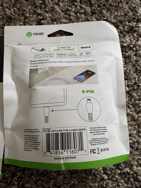 Youse 10ft 8-Pin to USB-C Fast Charge Cable, for iphone 14 or older bulk qty 30 gallery
