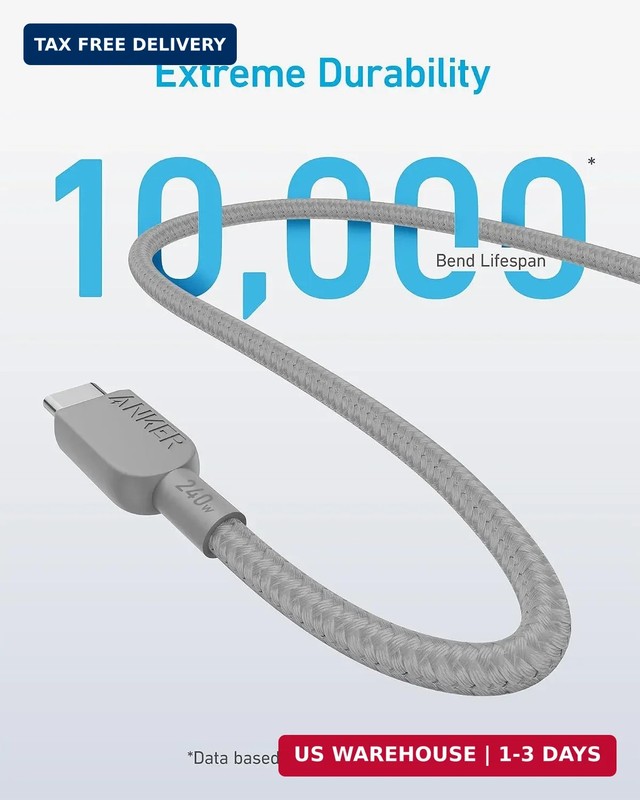 Anker USB C to USB C Cable, 240W Fast Charging Cord (2-Pack, 10 ft, Gray) | For gallery