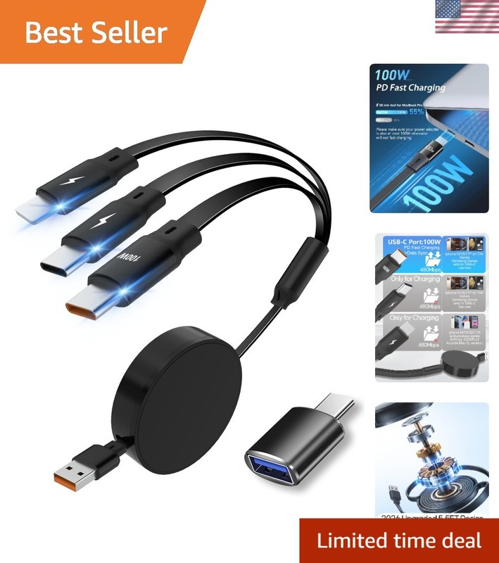 Travel-Ready Retractable USB C Cable – 100W Fast Charge, Compact Design 5.5FT