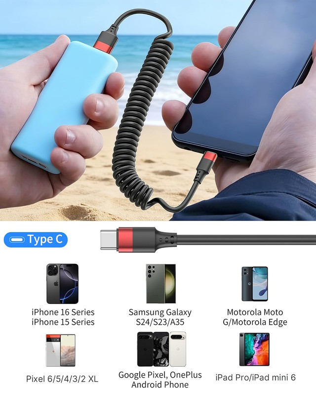 2 Pack USB C Coiled Cable Carplay, Fast Charging USB to USB C Cord for Samsung G gallery