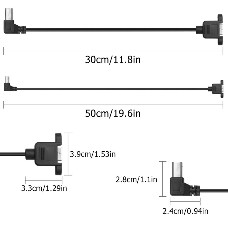 2 PCS USB 2.0 B Extension Panel Cable Mount 0.3M/1FT+0.5M/1.6FT Right Angle gallery