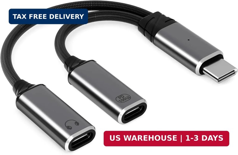 USB C Splitter，2 in 1 USB C Headphone and Charger Adapter Audio Dongle Cable wit