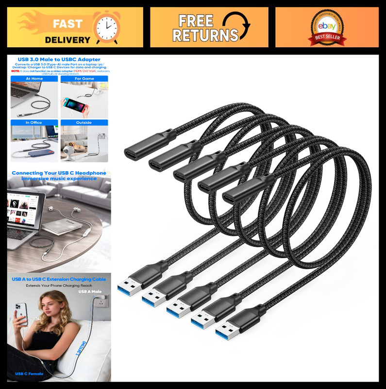 USB C to USB A Cable 3.3FT 5-Pack, 10Gbps Type C Female to Male Adapter, 3A Char