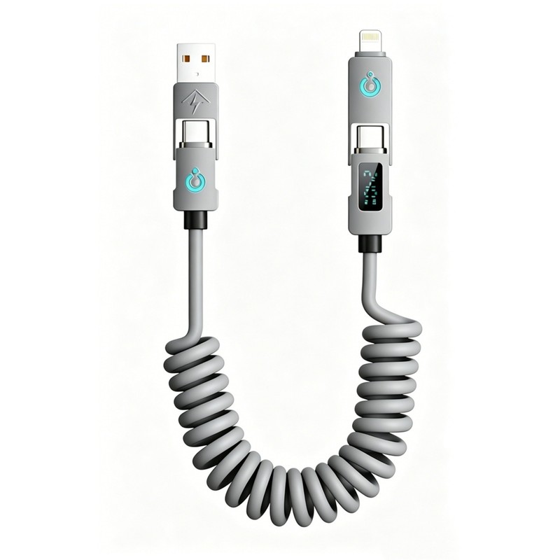 4-in-1 Coiled 65W Fast Charging Cable, USB-C/8-Pin Multi Cord