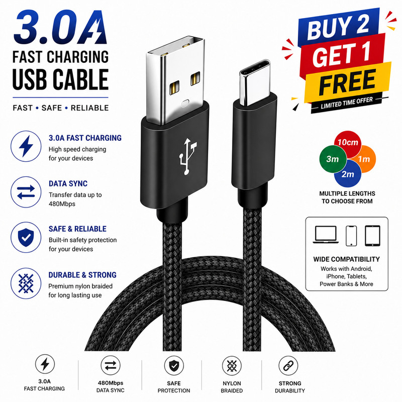 HeavyDuty USB Type C Charging Cable Braided Fast Phone Charger Long Lead 2m 3m gallery