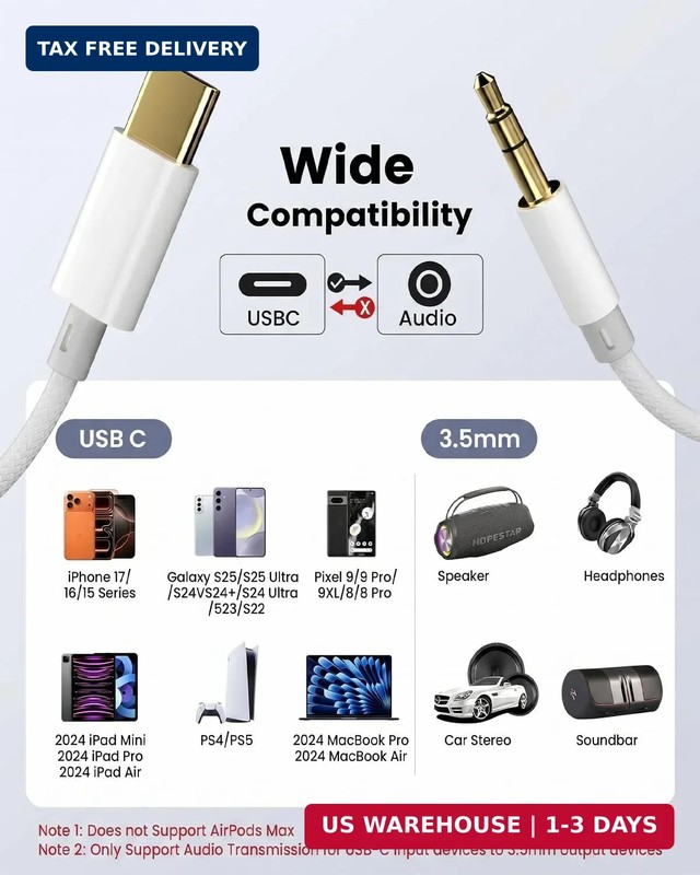 USB C to 3.5mm Audio Cable (2-Pack, 4ft), Type C to Aux Car Stereo Cord with Hi- gallery