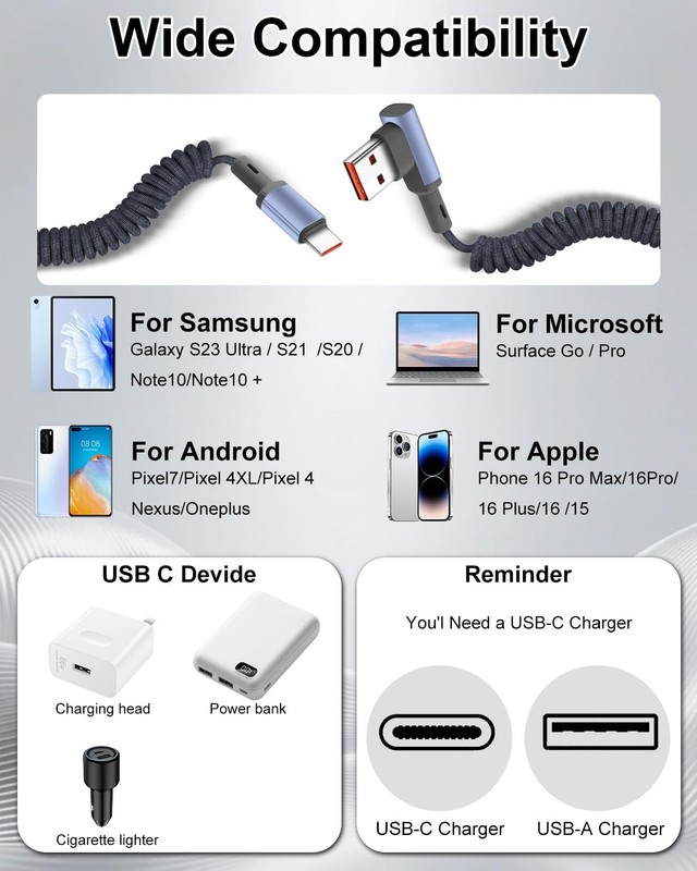 JSADZKJ Braided Coiled USB-C Cable Right Angle USB A to C 35cm 1.6m gallery
