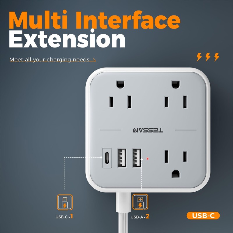 Ultra Thin Flat Extension Cord 5 FT, TESSAN Slim Power Strip with USB Ports (... gallery