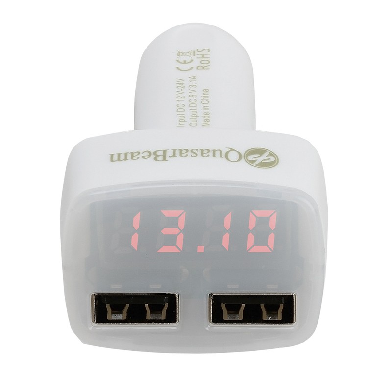 Car Cigarette Charger Dual USB Adapter Battery Tester 4 in 1 QuasarBeam – White