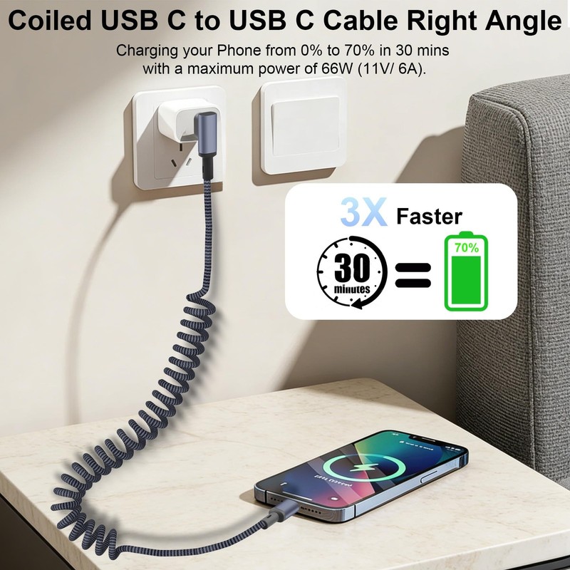 JSADZKJ Braided Coiled USB-C Cable Right Angle USB A to C 35cm 1.6m gallery