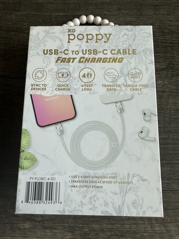 XO Poppy 4ft USB-C to USB-C Cable Flower Print | Fast Charging | New in Box gallery