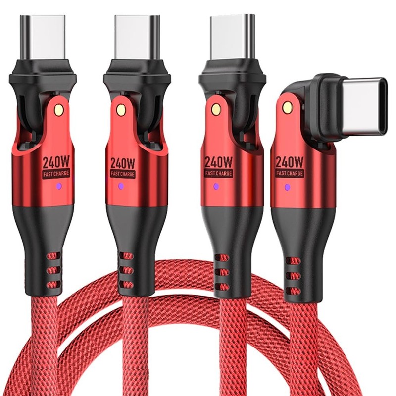 240W USB C to C Cable 3FT USBC Dual Head 180° 3FT*2, red