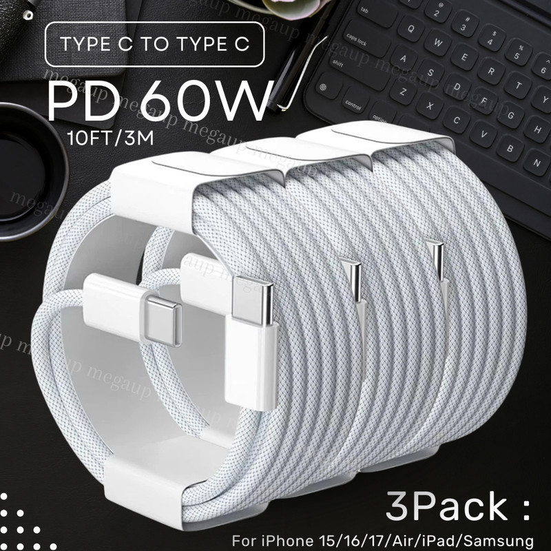 3X 10FT Type C to Type C Fast Charger Cable for iPhone17/16/15/iPad Air/Samsung
