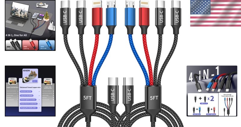 Universal 4-in-1 5FT USB C Charging Cable Pack for iPhones and Android Devices gallery