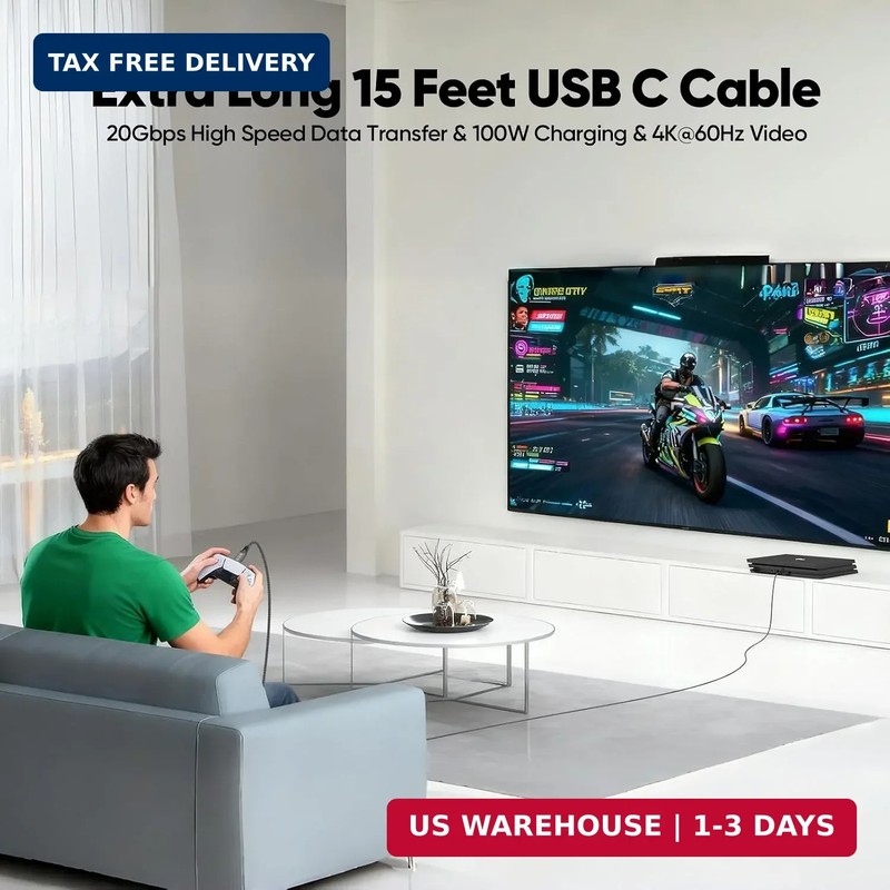 USB C Monitor Cable 15ft, 4K@60Hz Video Display Long USB-C 3.2 Gen 2 Cord, 100W gallery
