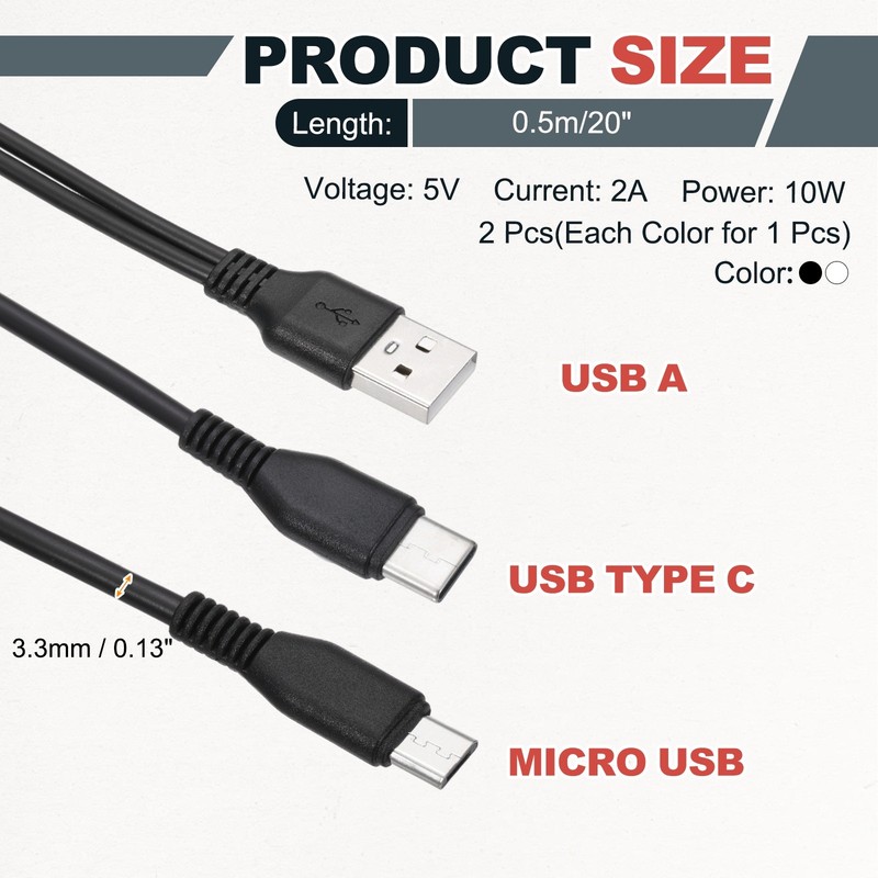 2 Pcs Multi USB A to Micro USB and USB Type C 2 in 1 Splitter 20 Inch, 2Colors gallery