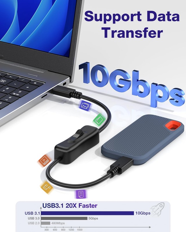 Short USB C On Off Switch Cable 10Gbps 1 Ft 3.1 TypeC to C PD 20V/3A Video gallery