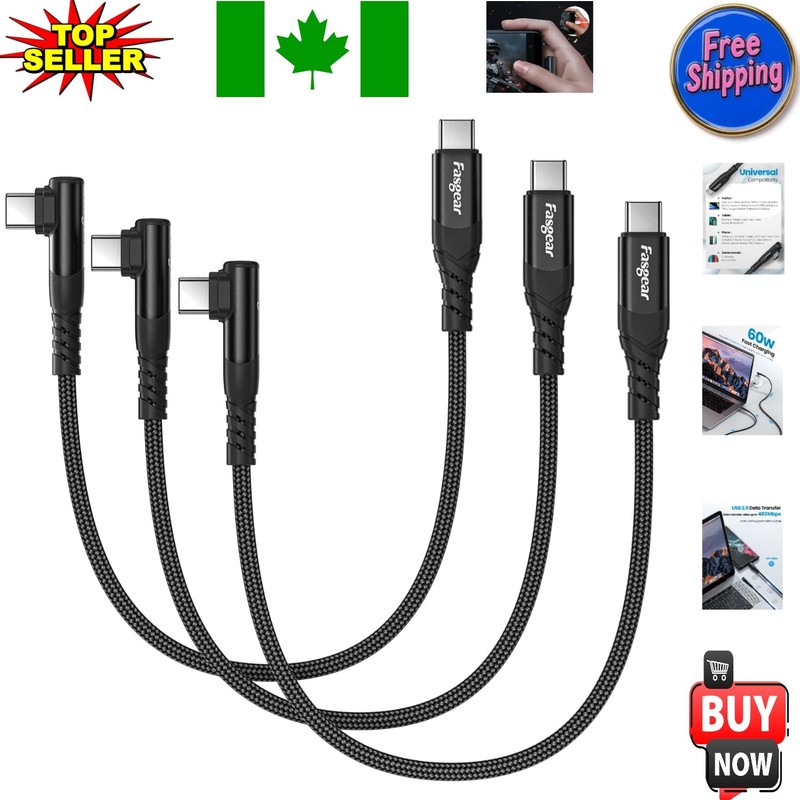 High-Speed 60W Fast Charging USB C Cable – 3 Pack 1ft with Right Angle Design