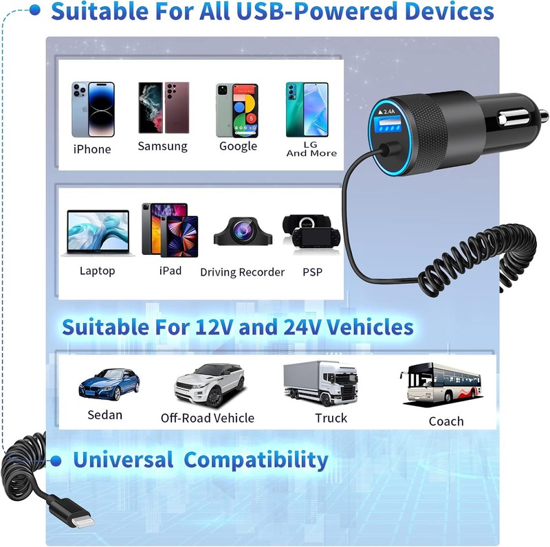 【MFi Certified】iPhone Fast Car Charger, 6FT Lightning Coiled, Ceramic Black gallery