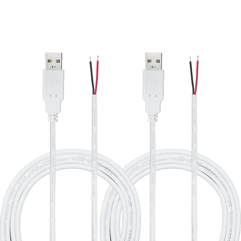 2 PCS 2M White USB 2.0 A Male 2-Pin Bare Wire DIY Pigtail Open End Cable