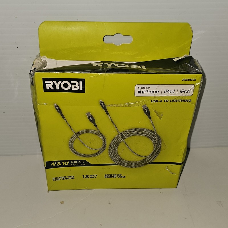 RYOBI USB-A to Reinforced Braided Cables 4ft & 10ft Green A25BG02 [b1] gallery