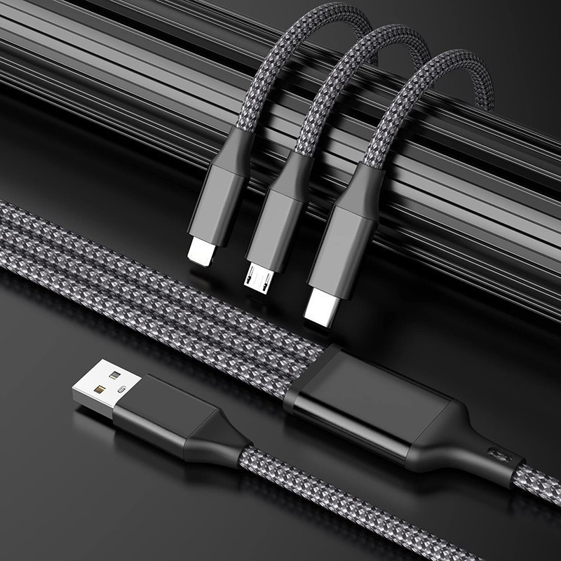3-in-1 Nylon Woven Charging Cable, For iPhone 14, Samsung, Type C, Micro Charger gallery