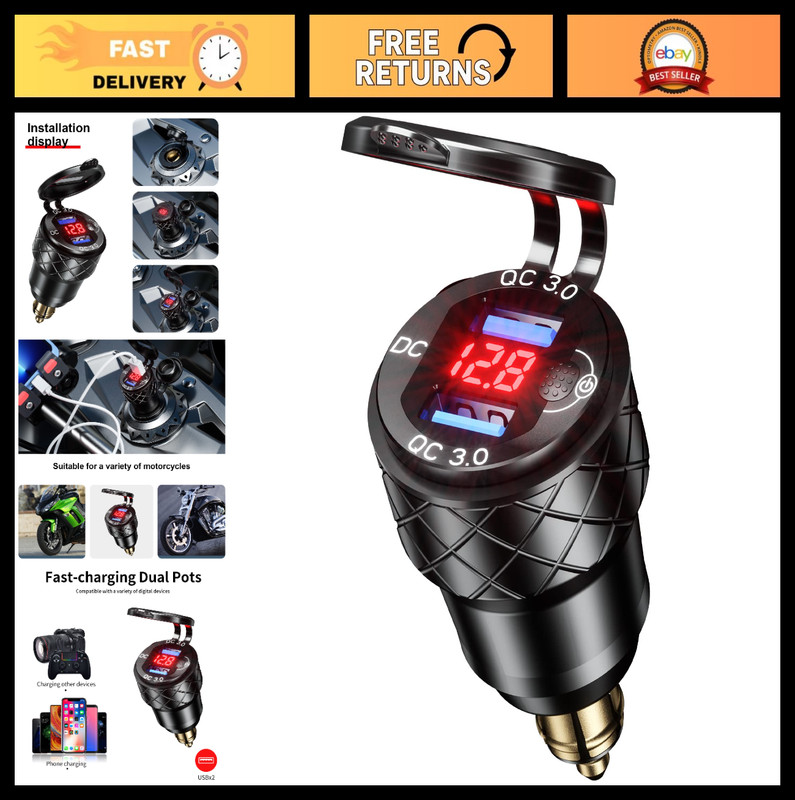 Aluminum DIN Plug Dual USB Charger 3.0 Power Adapter LED Waterproof 12V-24V