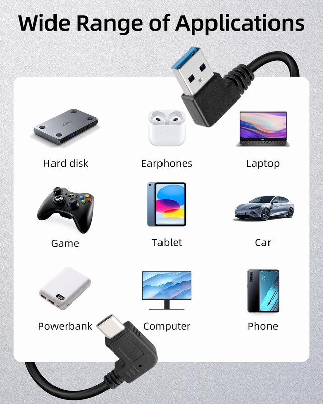 1 PC 90 Degree Right Left Angle USB A To USB C 18W Fast Charging Cable Black 1M gallery
