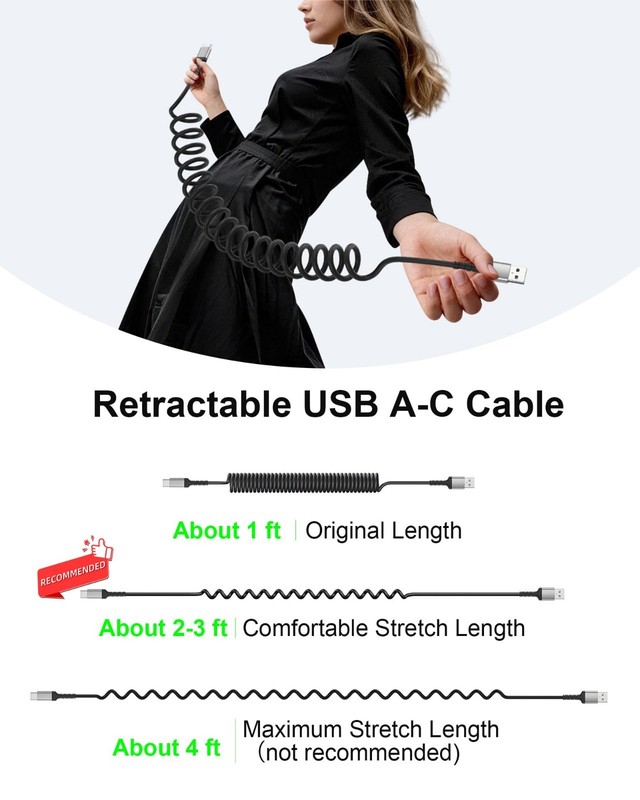 Coiled USB A to USB C Cable 2-Pack, 3ft Fast Charging for Android Auto & CarPlay gallery