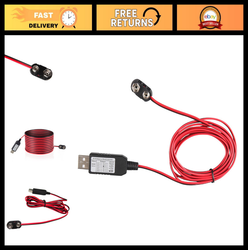 USB to 9V Battery Eliminator Connector, 6F22 6LR61 Power Adapter Cable 78in/200c
