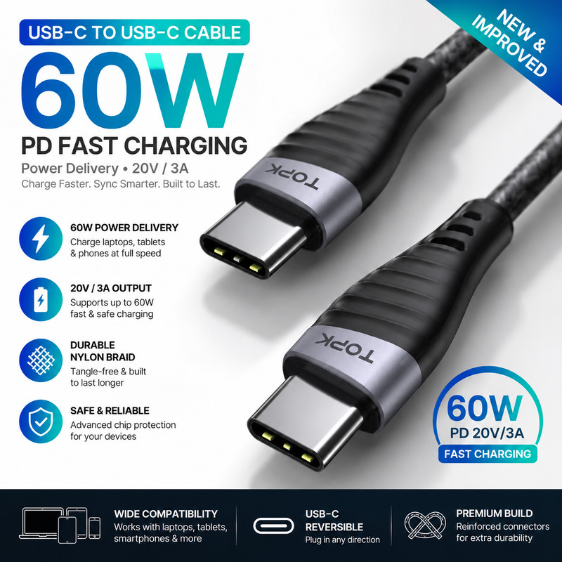 TOPK USB-C to USB-C Cable 60W PD Fast Charging Braided Charger Cord 6.6FT (2M) gallery