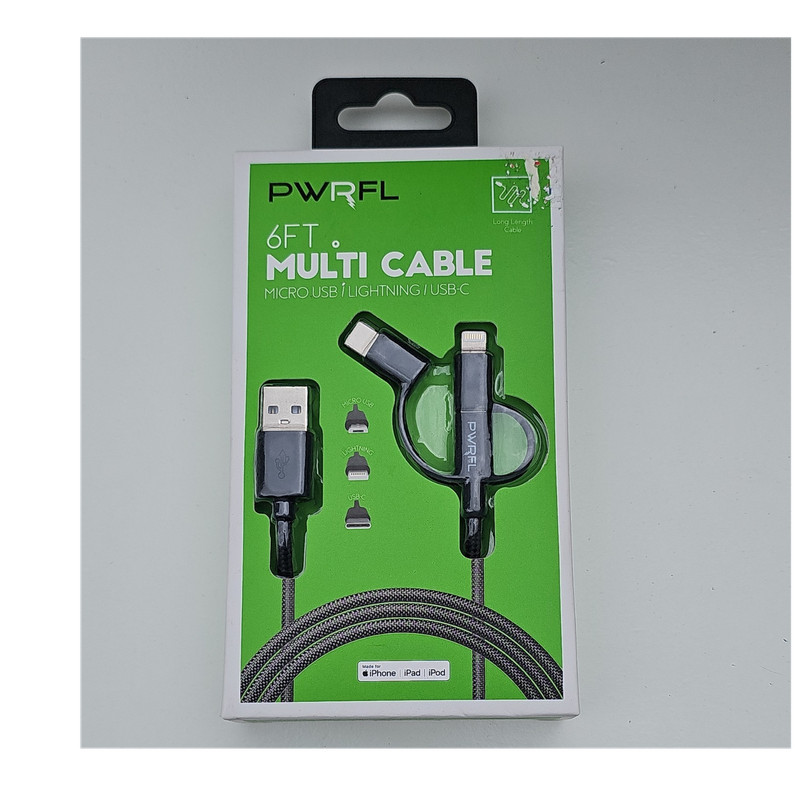PWRFL 6ft 3-in-1 Charging Cable Lightnin USB-C Micro-USB Braided Nylon