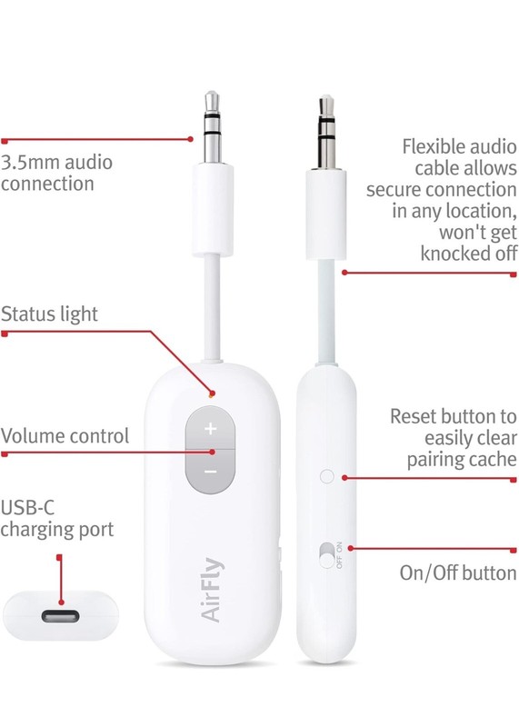AirFly Pro Bluetooth Wireless Audio Transmitter/Receiver WHITE Color Open Box gallery
