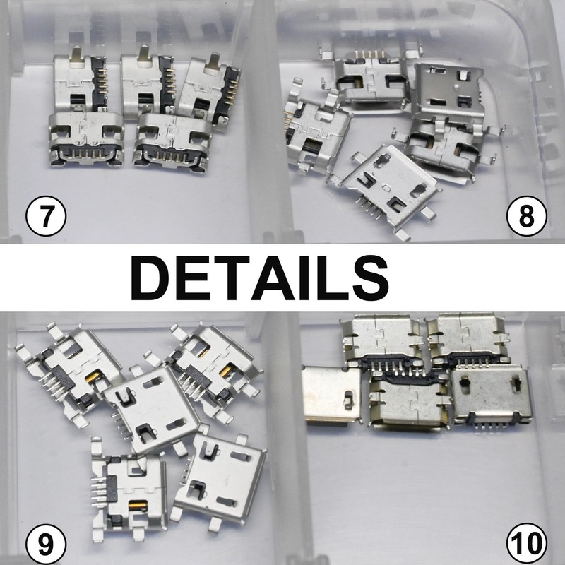 50 Pcs 10 Types Micro USB Female Connector Set, 5-Pin Micro USB Ports for Pho gallery
