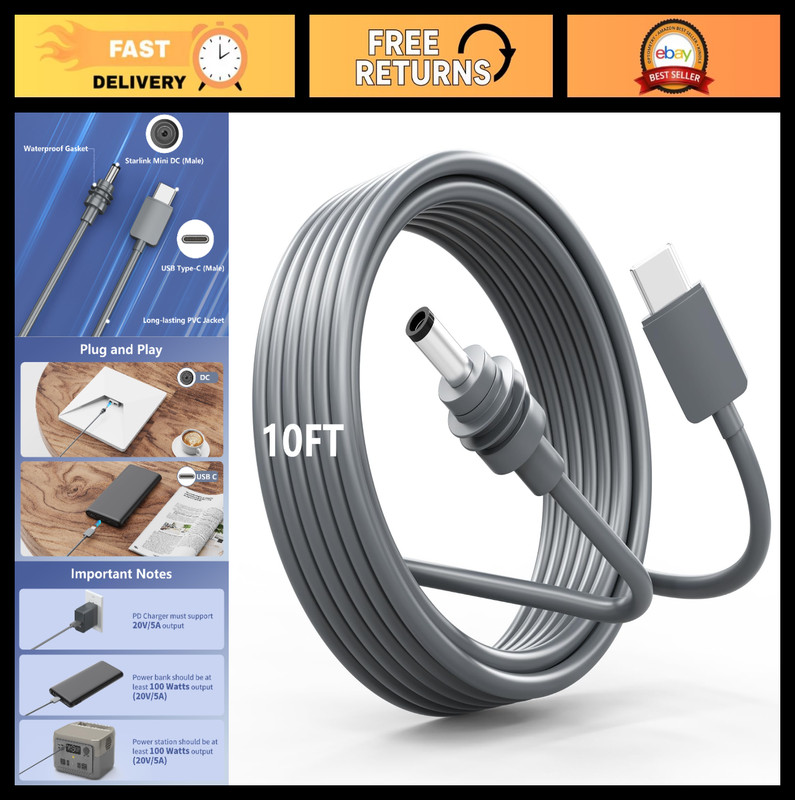 10FT USB C to DC Power Cable for Starlink Mini, 100W PD Charger, Waterproof