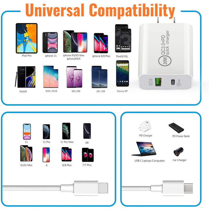 For iPhone 13 12 11 Pro Max XR SE 20W PD+QC Fast Charger Power Adapter USB Cable gallery