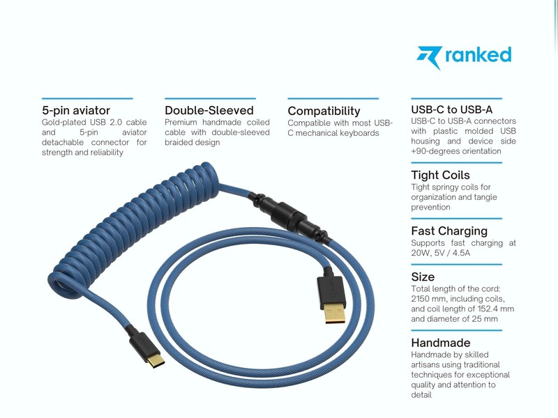 Skydiver Coiled Keyboard Cable Braided USB Type C To A 5Pin Aviator 20W gallery