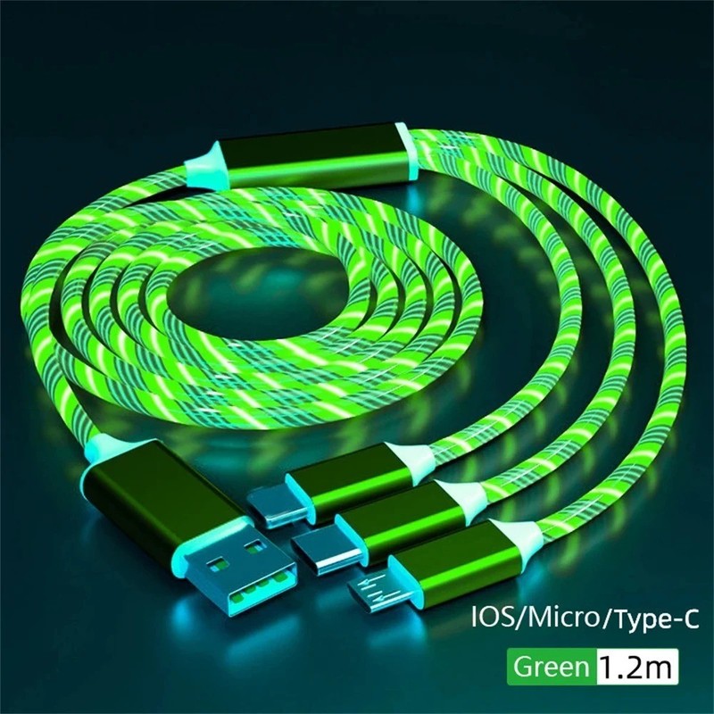 3-in-1 LED Glowing USB Fast Charging Cable Green 1.2M Type C Micro USB , 1pc