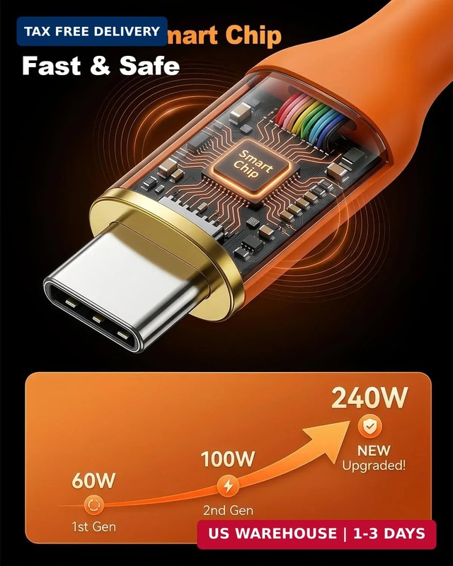 Short USB C to USB C Cable 1FT 2-Pack, 240W Orange Braided USB Type C Fast Charg gallery