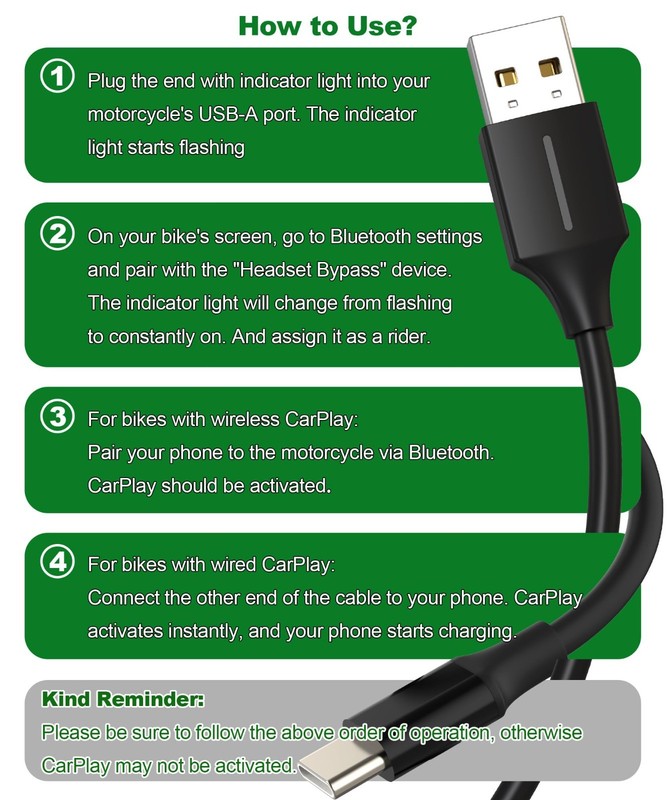 USB-A to C CarPlay Cable for Motorcycle | 1.64Ft, Bypass Bluetooth, 2-in-1 Charg gallery