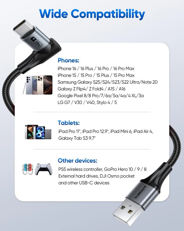 SUNGUY Right Angle USB C Cable, [2-Pack, 1FT] Short 90 Degree USB-A to USB-C Fas gallery