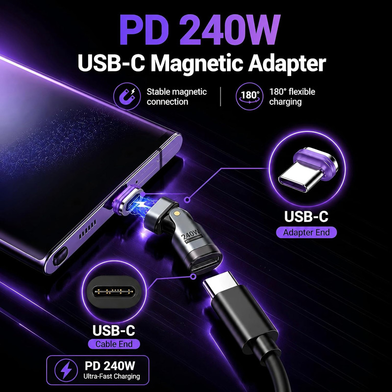 USB C Magnetic Adapter (2 Pack) USB Type C 180° Rotation Adapter 16PIN PD 240W R gallery