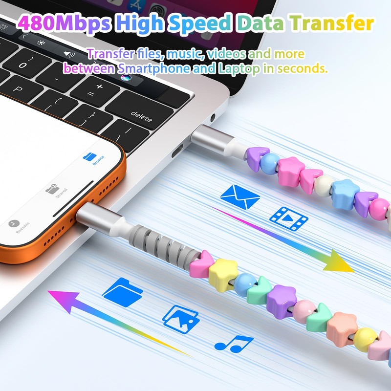 USB to USB Cable Colorful Star Beads Charger Cord 60W for Super Fast Charging... gallery