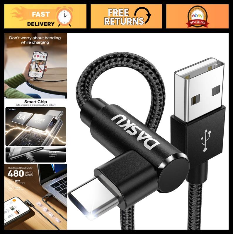 90° Right Angle USB C Cable 10ft 2-Pack – Fast Charging Heavy Duty Type C for iP
