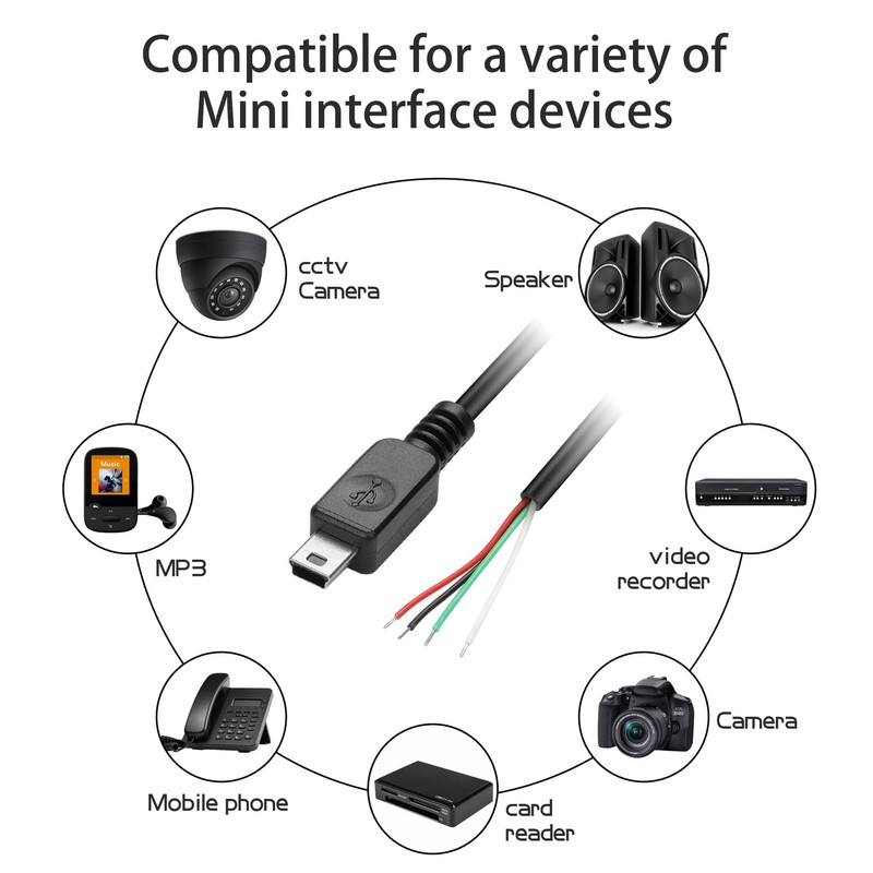 Mini USB Male Pigtail Power Cable, 1M, 3.3FT, 5V 2A, 4 Pin Open End, DIY Repair gallery