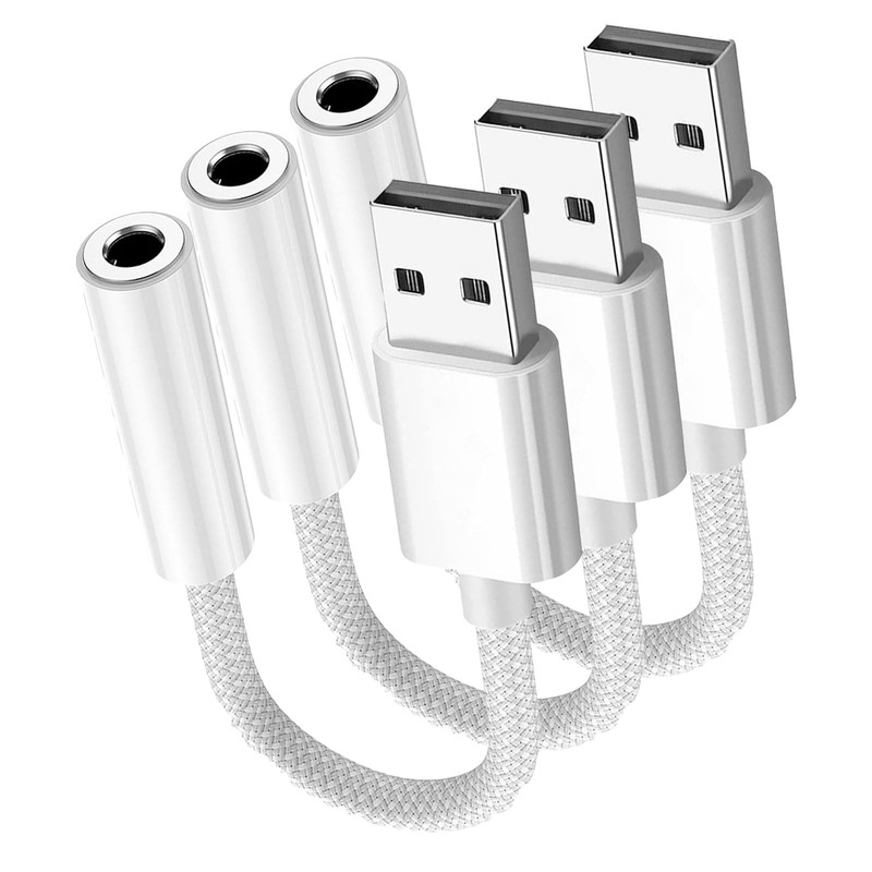 Fidioto USB to 3.5mm Audio Jack Adapter, Headphone 3 Pack, white