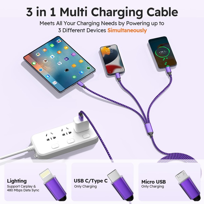Multi Charging Cable 2Pack 4FT 3-in-1 USB-A/C Universal Cord Phone Use gallery