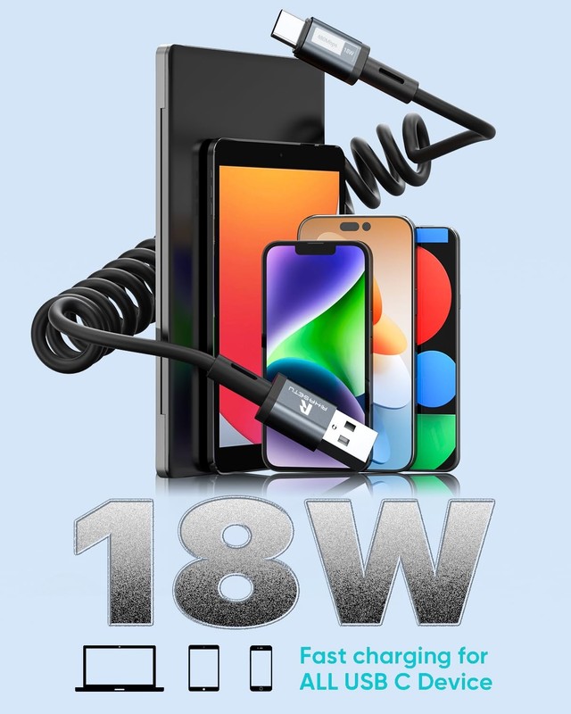 2 Pack Coiled USB C Cable 3FT A to C Stretchable Car Carplay Charger Black gallery